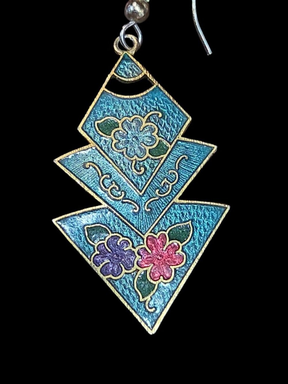 Vtg Zig-Zag Pyramid Floral Cloisonné Dangling Earrings 1980's Teal & Gold Tone - Picture 7 of 12